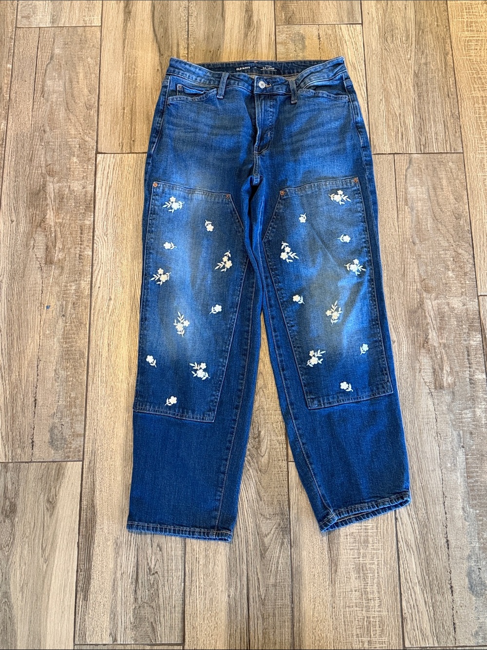 Old Navy OG Loose High Rise Blue Straight Jeans with White Floral Patches